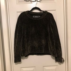 Olive Green Chenille Velvet Cropped Sweater